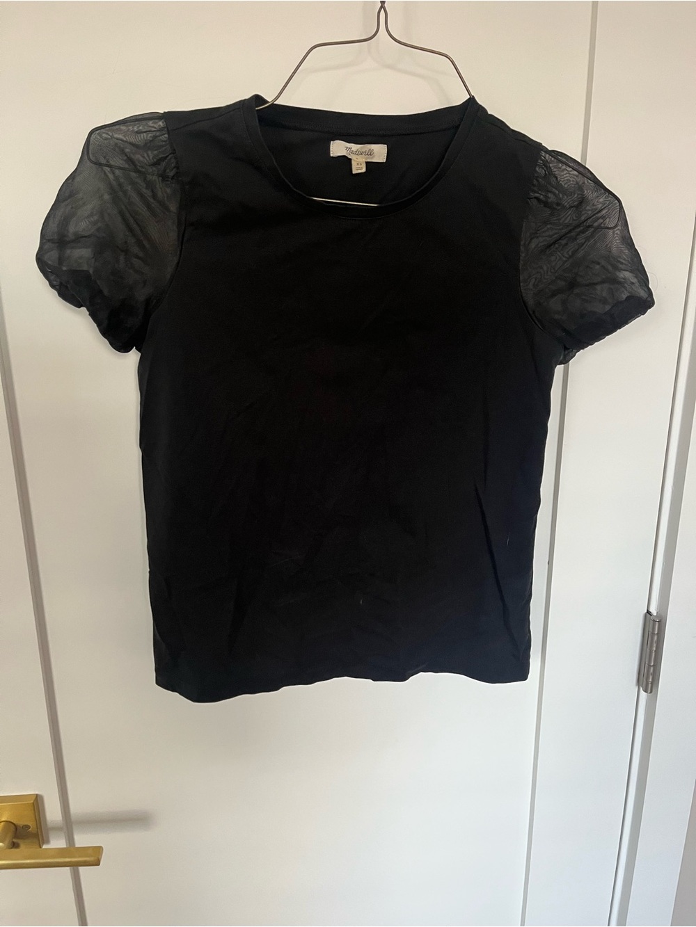 Madewell Black Tee with Sheer Puff Sleeves